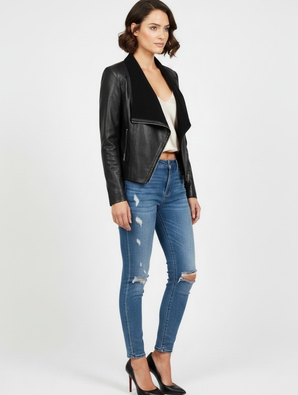 BLANKNYC Faux Leather Moto Jacket Draped Collar Side Zip New Women’s XS